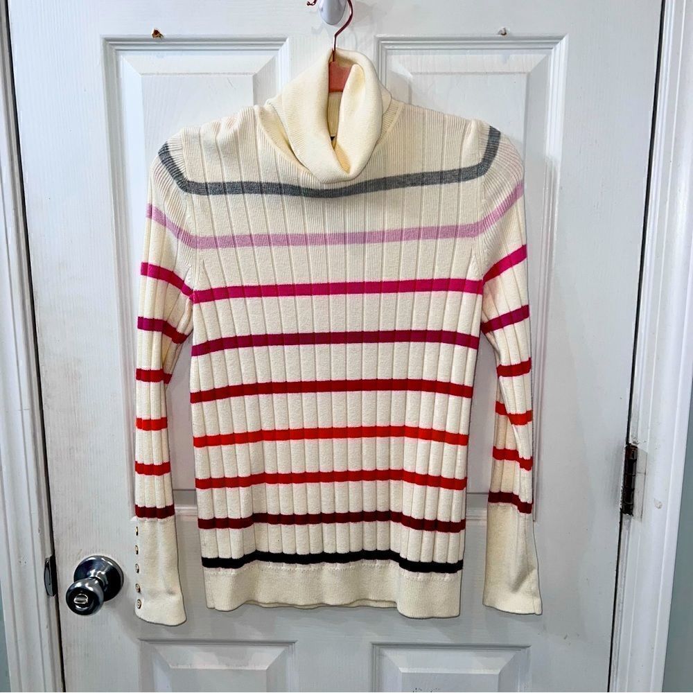 Talbots cream colored turtleneck sweater w multicolored stripes & button detail